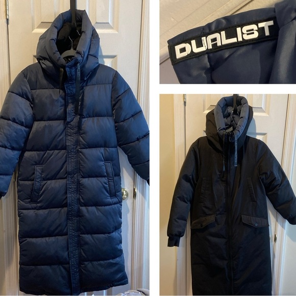 Dualist Puffer Coat Womens Small Thick Reversible Long Parka Navy Black Winter